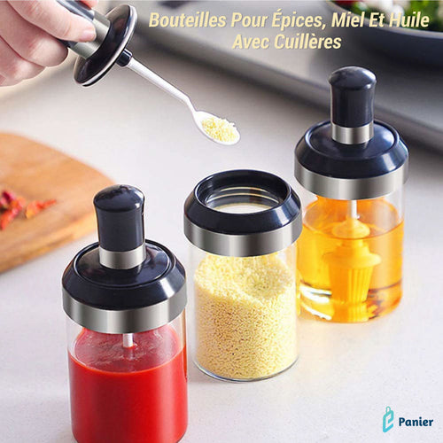 Bouteilles À Condiments Avec Brosse En Silicone Pour Huile  Cuillère Pour Les Épices  Tête De Miel
