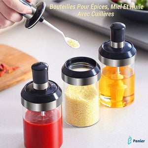 Bouteilles À Condiments Avec Brosse En Silicone Pour Huile  Cuillère Pour Les Épices  Tête De Miel