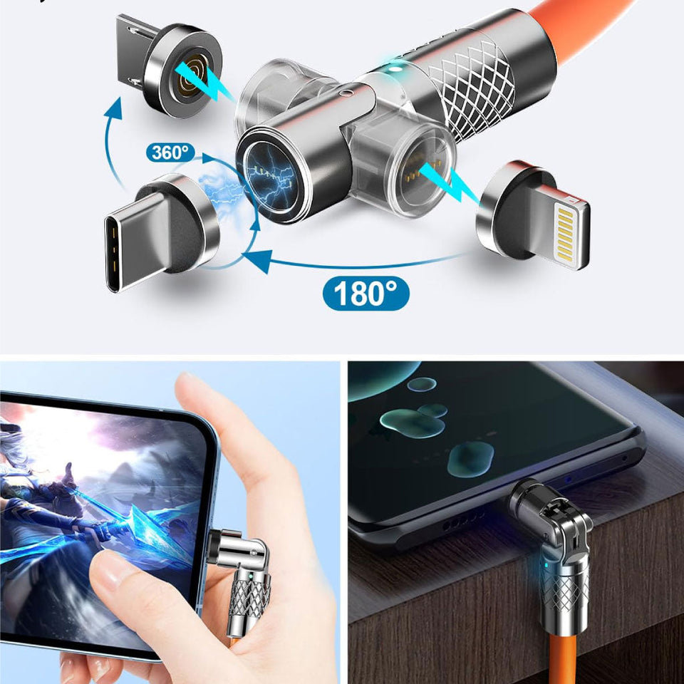 Câble De Charge Magnétique 3 En 1 Avec Fonction De Charge Rapide Et Rotatif À 540   Type C IOS Android