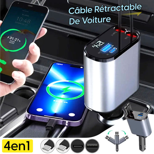 Chargeur Rapide Rétractable Pour Voiture 4 En 1 Usb C-lighting - Câble Usb Et Affichage De La Tension