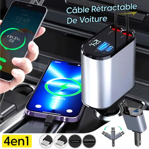 Chargeur Rapide Rétractable Pour Voiture 4 En 1 Usb C-lighting - Câble Usb Et Affichage De La Tension